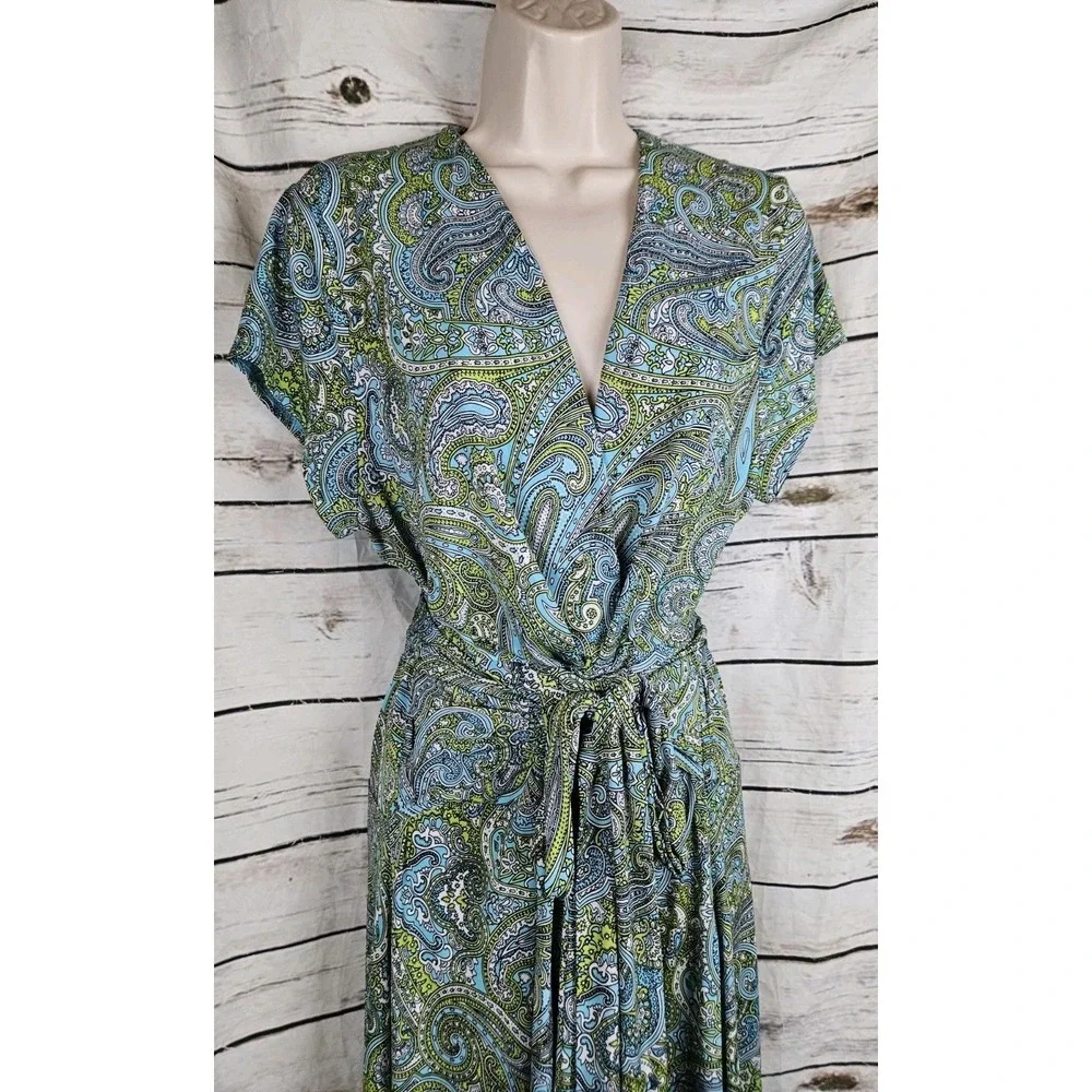 Michael Kors Blue Green Maxi Dress 14W High Low Tie Wrap Belt V-Neck Jersey Knit